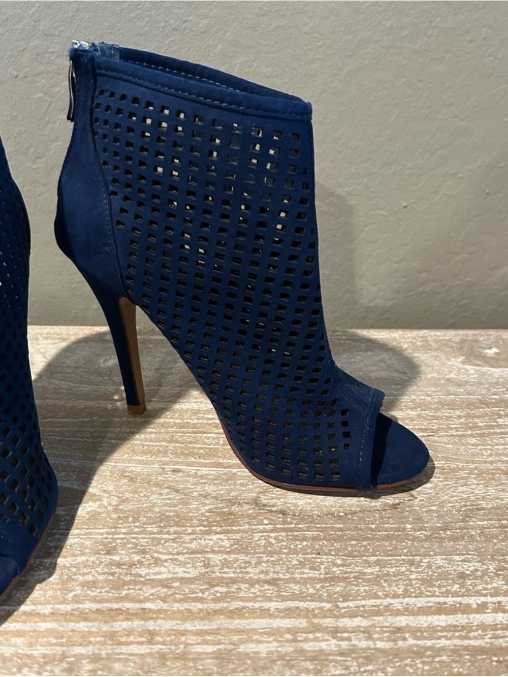 Women’s Navy Perforated Peep-Toe High Heel Booties